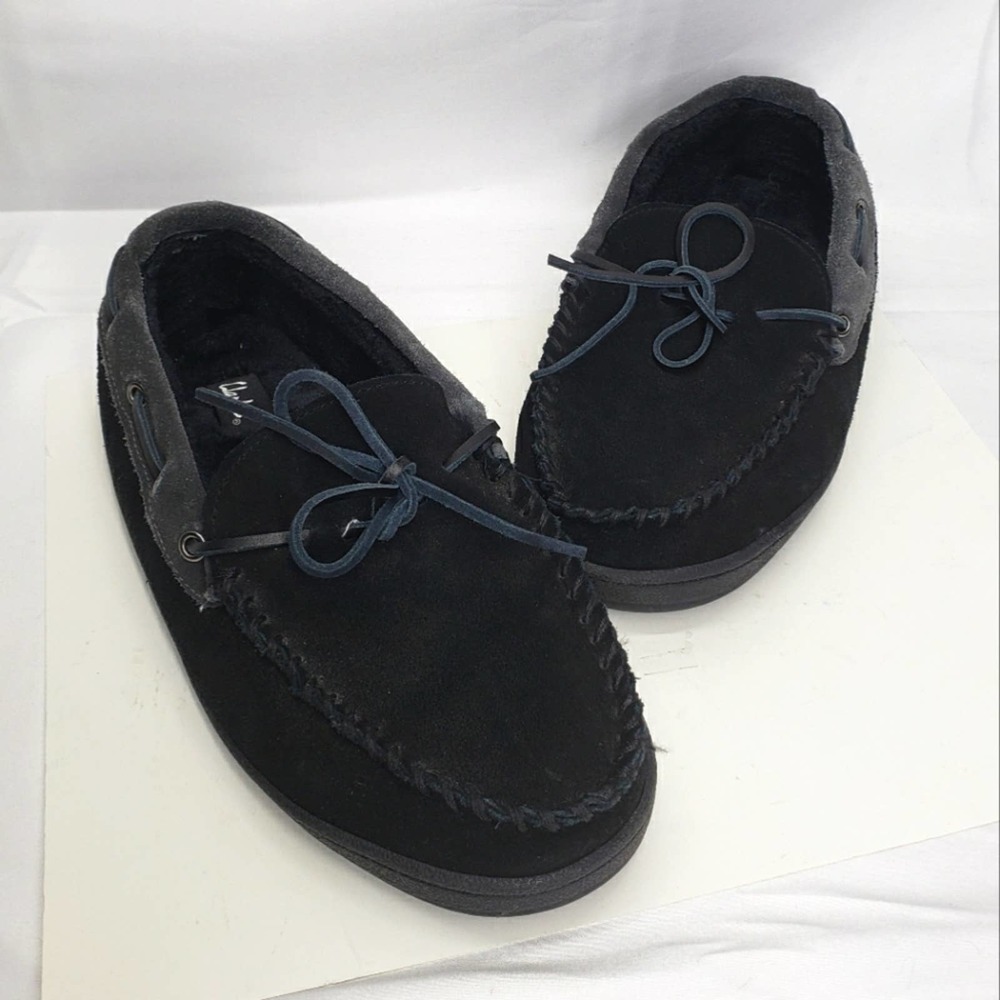 Clarks sherman leather fur lined house slippers mens 10 black